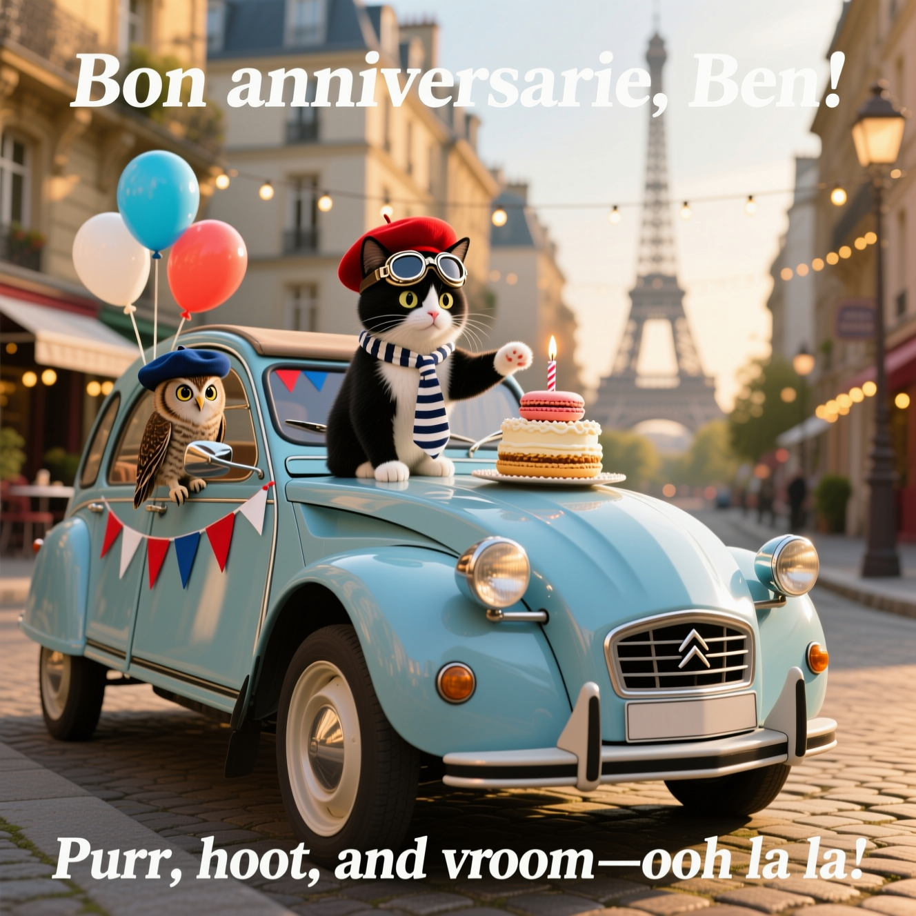 France, cat, owl, car, and Birthday Card