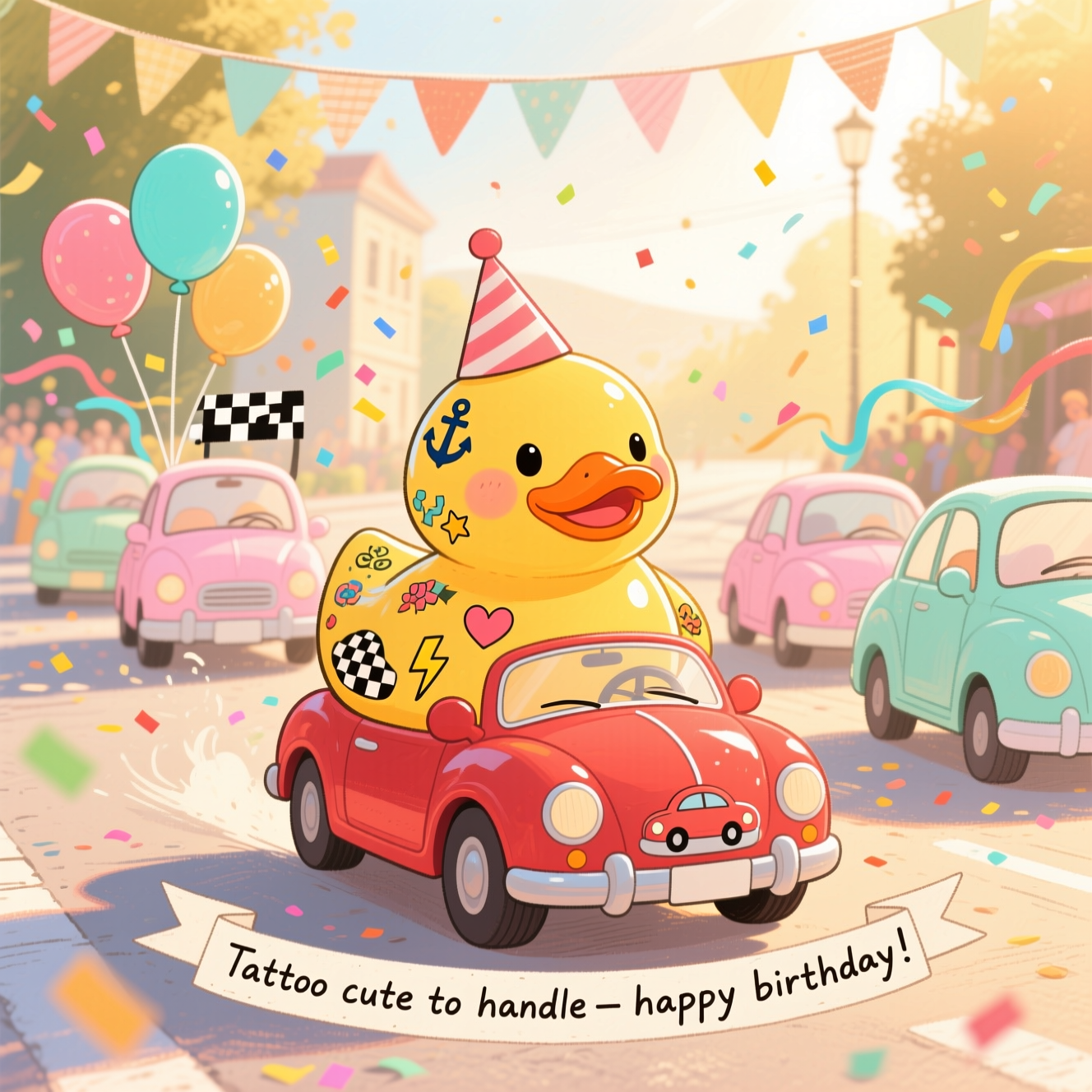 Cute hand-drawn illustration: A plump, glossy rubber duck covered in tiny, playful tattoos (anchor, heart, stars, lightning bolt, checkered flag, tiny car) putters along in a cherry-red toy convertible. The duck wears a tiny party hat and smiles. A cheerful parade of pastel toy cars follows behind with balloons and streamers; confetti drifts through warm golden-hour light. Soft bunting arcs across the upper background; a gentle, sunlit street recedes toward a hazy, happy horizon. Fine pen linework, soft gouache-style textured brush strokes, subtle paper grain, and a warm, expressive palette of sunny yellow, coral, blush pink, teal, and mint. Balanced composition with the duck-and-car centered, little cars flanking, and soft shadows grounding the scene. Portrait orientation, cute mood, purely illustrated (no photorealism).

Add small hand-lettered caption (single short line) on a ribbon near the lower center:
“Tattoo cute to handle—happy birthday!”

No other text.
Generated with these themes: Rubber duck, tattoo, cars, and .
Made with ❤️ by AI.