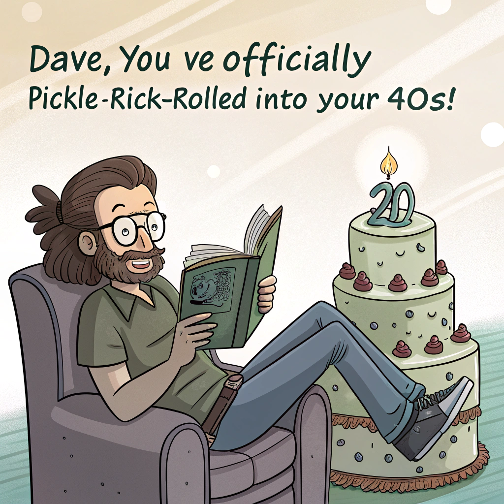 Bearded man with brown hair in a lower back pony tail and glasses reading with a Rick and morty top, and Turning 40 Birthday Card