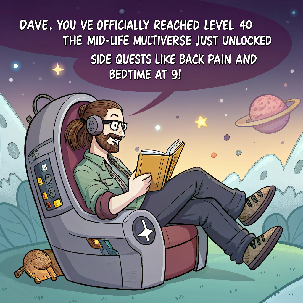 Bearded man with brown hair in a lower back pony tail and glasses reading with a Rick and morty top, and Turning 40 Birthday Card