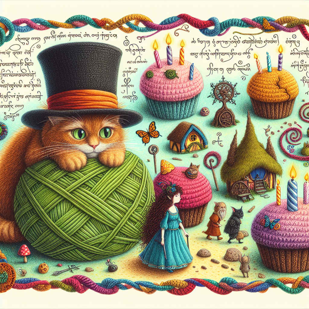 A whimsical birthday illustration showcasing a fusion of fantasy and delight. In the center, a ginger cat wearing an amusing top hat, reminiscent of a certain eccentric tea party host, perches upon a pile of vibrant yarn balls. Encircling it, a miniature girl dressed in blue traverses through a landscape wrought of crochet, populated with familiar symbols drawn from classic fantasy fiction. Tiny crocheted mushrooms take their place near cupcakes designed in the likeness of quaint hobbit dwellings, and a string-like border crafted with a script reminiscing ancient elvish languages frames the picturesque scene.
Generated with these themes: Ginger cat , Alice in wonderland , Crochet, and Lord of the rings .
Made with ❤️ by AI.
