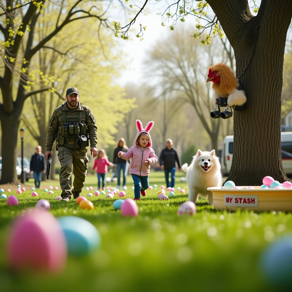 **Prompt:**

At the top of the realistic photograph image, *“Hop to it, Dooleys, Lacas, & Levys — it’s time to egg-streme the hunt!”*

A hilariously realistic outdoor scene in a sunny suburban park on April 20th at 2PM. Kids and adults are wildly scouring the grass in ridiculous over-the-top Easter egg hunt gear — one dad in full tactical camouflage holding a GPS, a grandma dangling from a tree with binoculars, and a dog dressed like the Easter Bunny with eggs dangling from its ears. In the background, an actual chicken looks offended while a toddler confidently hoards plastic eggs in a baby pool labeled “MY STASH.” Spring flowers are blooming, trees budding, and colorful eggs peek from impossible hiding spots: mailbox, someone’s open mouth, garden gnome’s butt. Add vibrant lighting and depth of field to create an energetic, chaotic, yet charmingly photorealistic Easter comedy snapshot.
Generated with these themes: Easter Egg Hunt  for April 20th  at 2PM.
Made with ❤️ by AI.