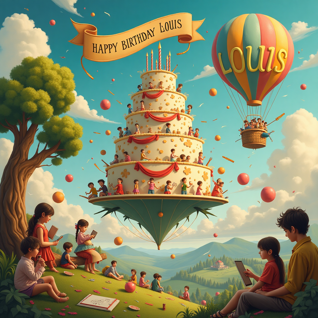 In a whimsical, surreal landscape that teeters between reality and dreamscape, envision a bustling birthday party set on a floating island in the sky. The scene is teeming with teenage and adult children, each absorbed in their own quirky activity. At the forefront, a grand, multi-tiered birthday cake takes center stage, its icing swirling in a fantastical design reminiscent of Maxfield Parrish’s ethereal skies. Above it, an ornate golden banner unfurls, with the words "HAPPY BIRTHDAY LOUIS" written in an elegant, flowing script reminiscent of Aubrey Beardsley's intricate designs.

To the left, a group of teenage children is gathered around a whimsical, oversized drawing tablet, sketching an ever-evolving scene that spills off the tablet and into the air, merging reality with graphic design magic. Their drawings morph into abstract forms, reminiscent of Arthur Rackham's delicate, swirling lines, coming to life in a playful dance across the floating island.

Nearby, a whimsical tree sprouts from the ground, its branches twisting and curling like something out of a Beatrix Potter illustration, but with an edge of Edward Gorey's gothic charm. On its boughs hang a series of designer tools like a surreal fruit – paintbrushes, styluses, and rulers swaying gently in the breeze.

In the sky, a hot air balloon drifts lazily, with its basket carrying a contingent of adult children, all with sketchpads in hand, doodling away. The balloon is painted in bright, vivid colors, echoing Quentin Blake’s exuberant style. Wisps of clouds form artistic tools and playful shapes, among which "LOUIS" is cleverly hidden, visible only when the light hits just right.

The scene brims with movement and creativity, as the elements of graphic design and the energy of youth collide in a vibrant celebration for "LOUIS." The backdrop is a painterly sky, rich in hues of dawn and dusk, nodding to the sublime color palette of Gustave Doré. It’s a tapestry of life and imagination, captured in a moment of joyful artistic creation.
Generated with these themes: Lots of teenage and adult children, and Graphic designer.
Made with ❤️ by AI.