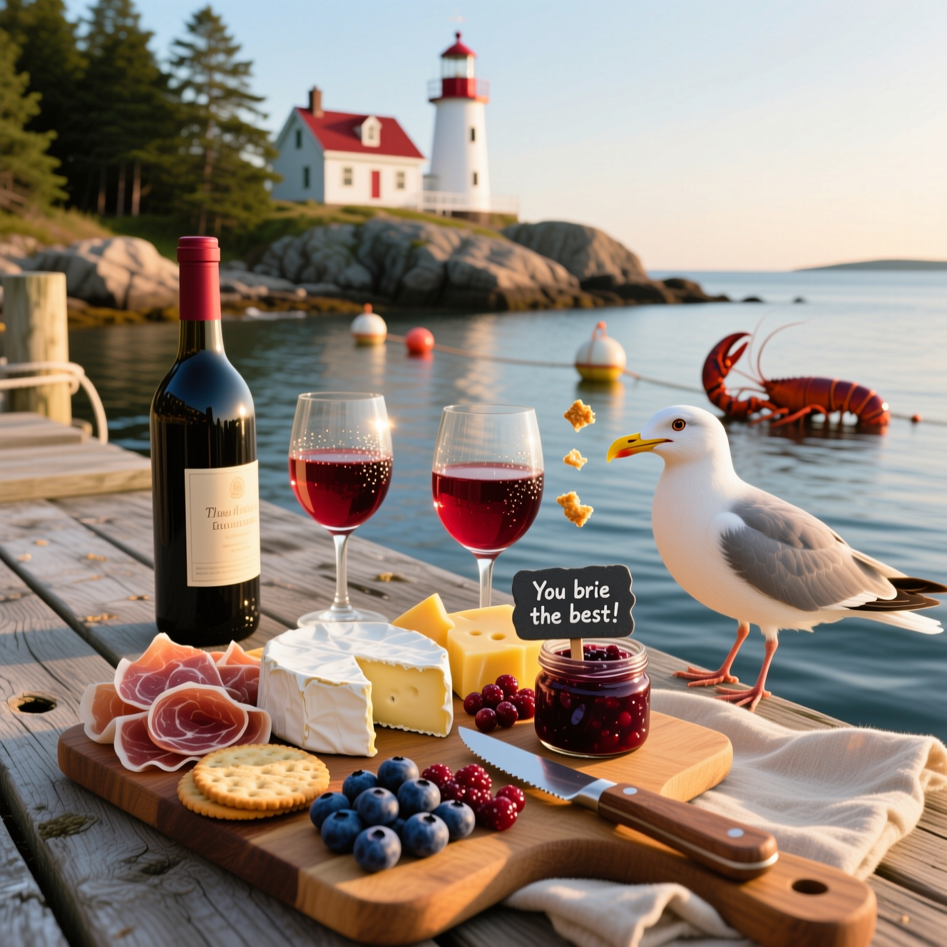 At the bottom of the Photorealistic picture taken from a camera image, Thank you for all your generosity throughout our Dine Out weekend! I had a wonderful time with you! Love, Val

Ultra-high-definition 4K UHD photograph captured at golden hour on a weathered cedar dock along the rocky Maine coast. Foreground: a rustic wooden charcuterie board piled with a creamy brie wedge, aged cheddar shards, paper-thin prosciutto and salami rosettes, artisanal crackers, Maine wild blueberries, cranberry chutney, and a small jar of blueberry jam with a cheese knife glinting in the sun. Beside it, an unlabeled bottle of red wine and two stemmed glasses half-filled; the low sun glows through the wine with rich ruby highlights, soft reflections, and tiny beads of condensation. Background: calm Atlantic water with bobbing lobster buoys, a white lighthouse with a red-roof keeper’s house on a granite outcrop, and dark green pines along the shoreline. A light ocean breeze lifts the corner of a linen napkin and ripples the water.

Funny moment: a mischievous seagull leaning into the frame from the right, beak inches from the salami, one cracker conspicuously missing, a couple of crumbs caught mid-air. Small in-scene text to add humor: a tiny slate cheese marker stuck into the brie reads: You brie the best!

Lighting: warm, directional late-afternoon sun with soft natural fill; lifelike textures—salt spray on the dock planks, matte brie rind, glossy blueberry skins, wine surface highlights. Composition: shot at table height, three-quarter angle; rich depth of field that keeps the board and wine tack-sharp while the lighthouse and coastline fall into a smooth, creamy bokeh. Color palette: coastal neutrals, ocean blues, pine greens, and deep garnet wine tones. No people, no brand labels or additional text besides the cheese marker line and the bottom overlay.

Overlay styling for the provided thank-you message: place it along the bottom, centered, in a clean white handwritten script with a gentle soft shadow for legibility over the dock/water; tasteful and unobtrusive.

Camera details: full-frame camera, 50mm lens, f/4, ISO 200, 1/500s, natural light; true-to-life white balance, high dynamic range, crisp realism.
Generated with these themes: Red Wine, Maine Coast, charcuterie board, and .
Made with ❤️ by AI.