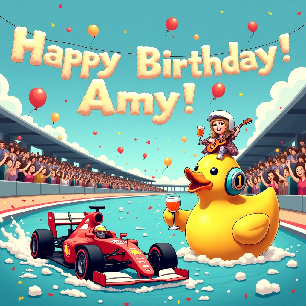F1, Giant yellow duck , Taylor swift in the background singing , and Gin Birthday Card