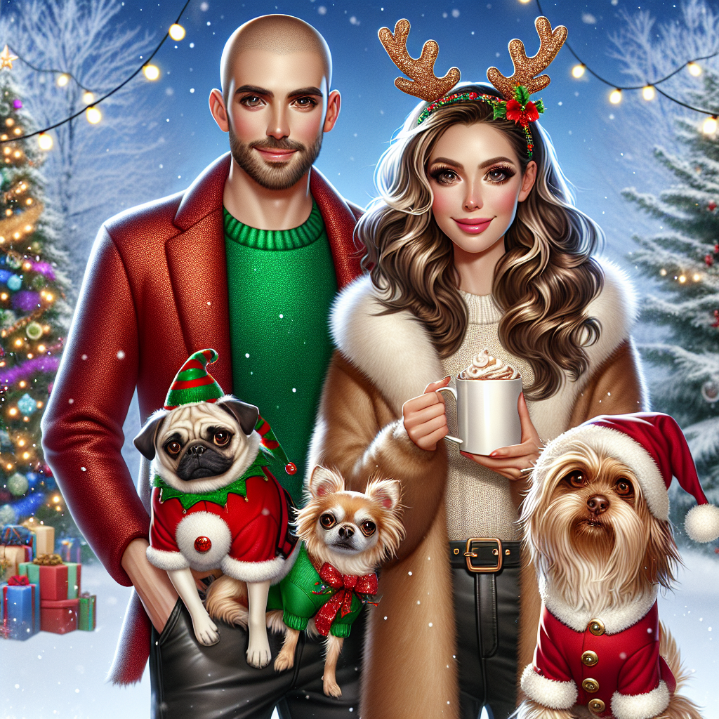 In this heartwarming Christmas illustration, a festive atmosphere envelopes a tall white bald man, who stands smiling in a cosy red and green Christmas outfit, his arm affectionately around a woman with shimmering brown blonde hair cut at medium length. She's adorned in a chic winter jacket and clasps a steaming mug of hot chocolate. A trio of joyful dogs adds to the yuletide cheer: a blonde pug wearing a green elf collar, a mischievous blonde chihuahua tangled in a string of golden tinsel, and a scruffy brown long-haired terrier sporting a reindeer costume complete with a red nose. A snowflake-speckled sky and a quaint, frost-kissed pine tree twinkling with fairy lights frame the scene.
Generated with these themes: A tall white bald man, A woman with brown blonde medium length hair, A blonde Pug dog, A blonde chihuahua, and A scruffy brown long haired terrier dog.
Made with ❤️ by AI.