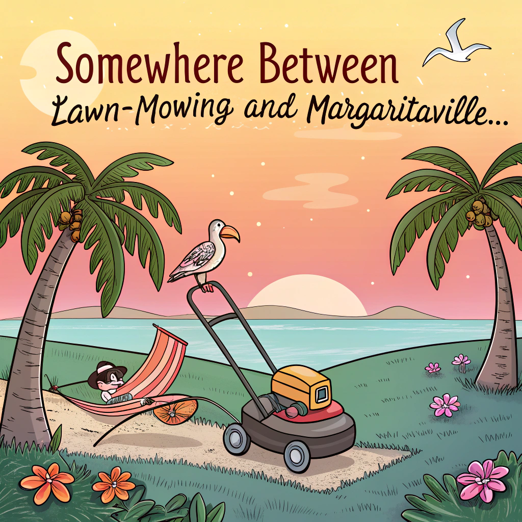 At the top of the image, "Somewhere between lawn-mowing and Margaritaville..."

- In the center of the image, illustrate a cartoon tropical beach scene with a lazy lawn mower parked in a hammock between two palm trees, wearing sunglasses and sipping a piña colada through its grass-clipping chute.

- The sky is a vibrant gradient of sunset oranges and tropical pinks, dotted with little ukulele-playing coconuts on lounge chairs.

- Flamingos in Hawaiian shirts play a steel drum in the background, while a small tiki bar (run by a lizard in flip-flops) serves up "Dad-a-Coladas" on the side.

At the bottom of the image, add: "Hope your Father’s Day is fully trimmed and properly chilled!"
Generated with these themes: Jimmy buffet tropical bright colors.
Made with ❤️ by AI.