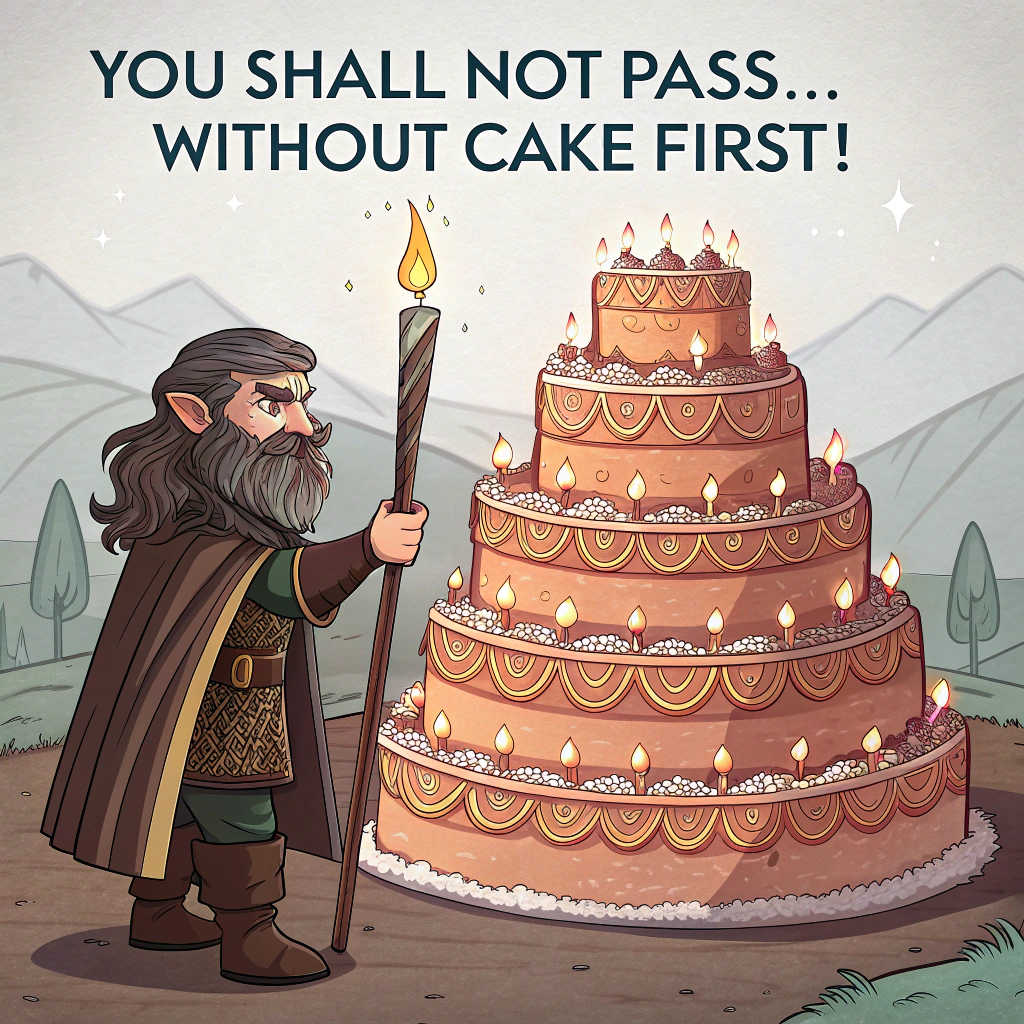 At the top of the image, "You Shall Not Pass... without cake first!"

- Create a realistic, funny photograph showing Gimli from Lord of the Rings standing guard in front of an enormous, towering birthday cake decorated with candles and sparklers, looking extremely serious.  
- Gandalf stands beside him, dramatically holding his staff across the path as if casting a protective birthday spell.  
- Gimli has frosting on his beard and a slight mischievous grin, despite trying to look fierce.
- In the background, party guests dressed like hobbits and elves eagerly try to sneak past, holding plates and balloons.
- The scene is colorful and joyful, but maintains a realistic photography style as if captured at an epic Middle-earth birthday party.
Generated with these themes: Gimli, lord of the rings , quotes from the movies adapted, gandalf.
Made with ❤️ by AI.