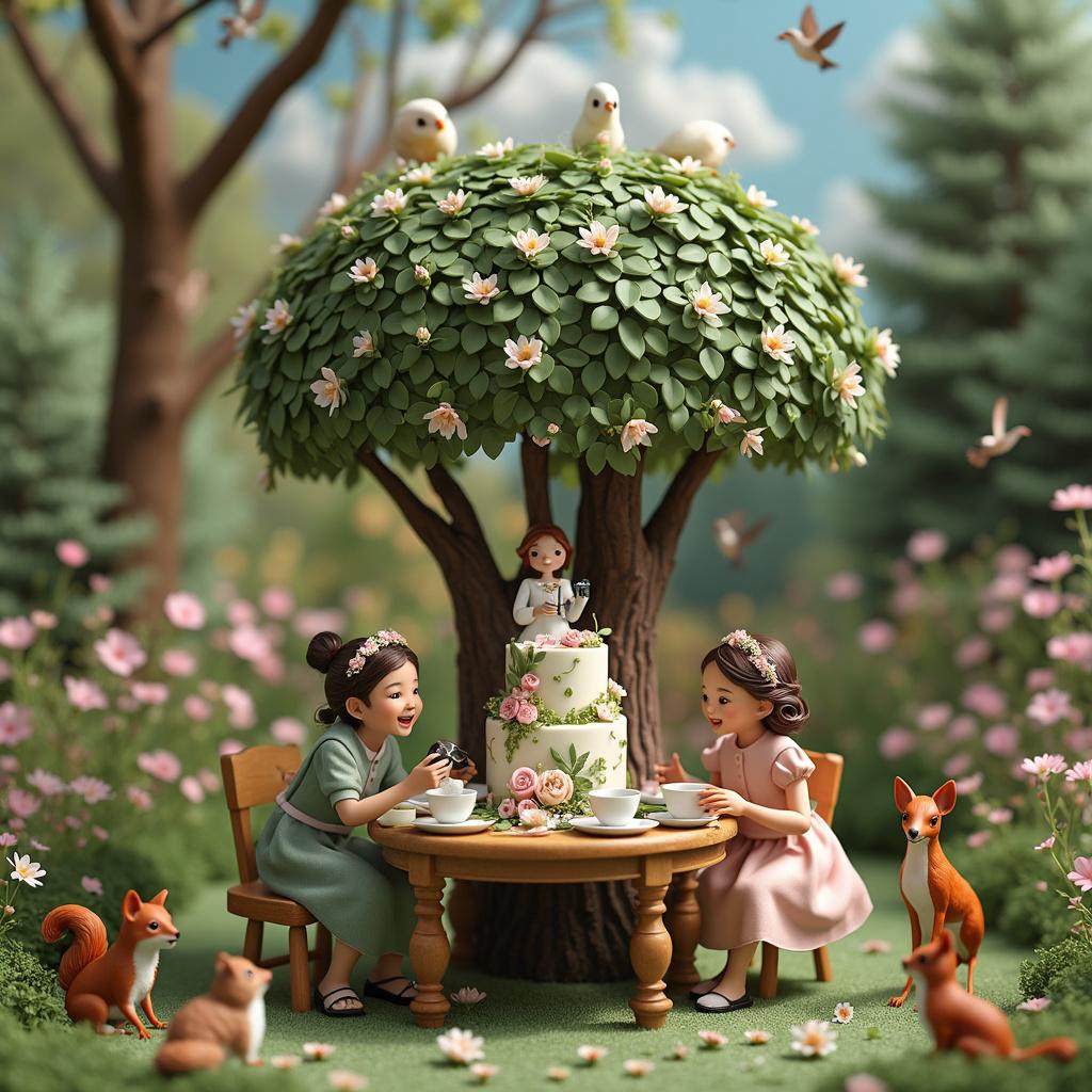 The scene unfolds in a quaint English garden at the peak of spring, where an ornate wooden table becomes the centerpiece adorned with a festive arrangement of fresh flowers and elegant tea settings. At this table sits Anne Marie, the birthday girl, who gracefully wears a crown of wildflowers as she engages in joyful conversation with her two daughters and a group of friends. Laughter fills the air as they delight in a whimsical two-tier birthday cake that resembles a tree, its bark textured with sweet chocolate icing, while the leaves are crafted from edible green marzipan. Atop this cake, a fondant figure of Anne Marie holds a pair of binoculars, reflecting her love for nature. Her daughters, looking like mirror images of their mother's youthful spirit, hold a string leading up to a large, cloud-like banner in the clear blue sky, which joyfully proclaims, "Happy 50th Birthday, Anne Marie!" in bold, flowing script. The garden is alive with animal life; squirrels scamper by, birds flutter above, and a sly fox peeks through the bushes, all seemingly joining in the celebration. The scene is bordered by trees, wildflowers, and a tranquil pond that reflects the joyous occasion, where a family of ducks watches contentedly. This picturesque celebration encapsulates the essence of a loving mother who cherishes her family and friends, revels in laughter and conversation, and holds a deep appreciation for the beauty of animals and nature.

Generated with these themes: This fifty-year-old woman from England loves to be with her family and friends, talking, laughing, listening. She is a proud mother to two beautiful daughters. She loves animals and nature.  
Made with ❤️ by AI.
