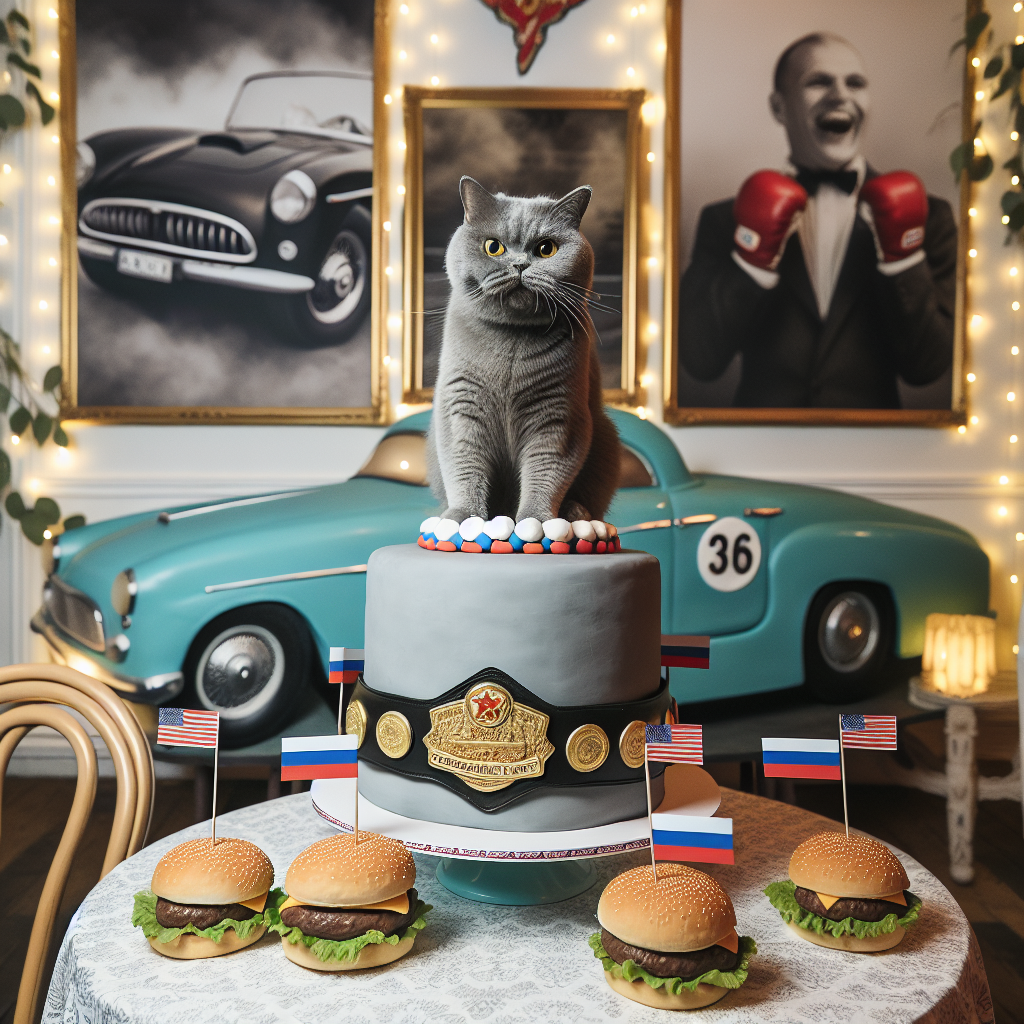 Create a whimsical birthday scene with a Russian blue cat wearing a small championship belt, cheekily positioned on a large cake shaped like a burger. The room's walls are elegantly adorned with representations of vintage automobiles, lending a touch of classy vintage charm to the party decor. Small burgers are provided as party snacks, each embellished with a little flag bearing the image of a fighting octagon. The soft illumination of twinkling fairy lights generates a warm, welcoming atmosphere for the festivity.
Generated with these themes: Russian blue cat, UFC, Burgers, and Cars.
Made with ❤️ by AI.