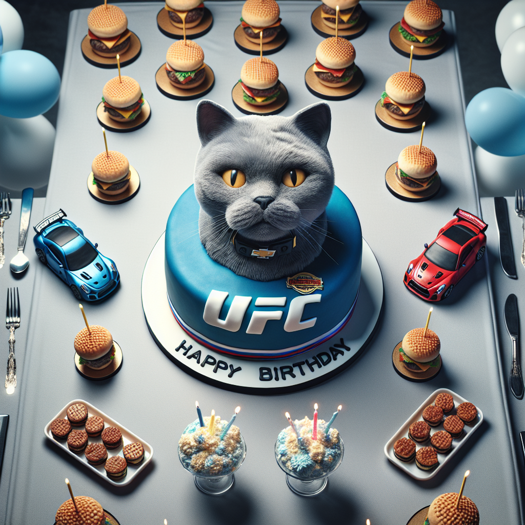 Russian blue cat, UFC, Burgers, and Cars Birthday Card