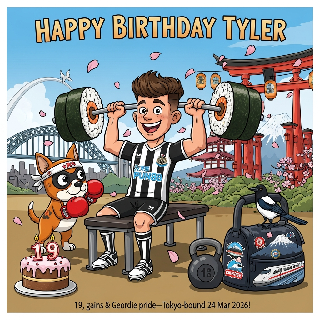 19 year old who goes to the gym a lot, Loves Newcastle United soccer club, Loves a ginger and black boxer dog called Timmy, Looking forward to going to Japan on the 24th March 2026, Loves japanese cherry blossoms, and Birthday Card