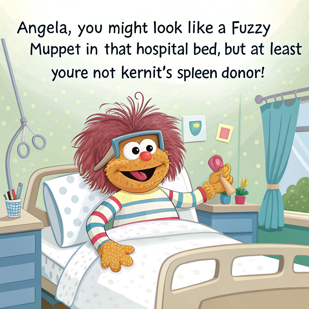 At the top of the image, "Angela, you might look like a fuzzy Muppet in that hospital bed, but at least you're not Kermit's spleen donor!"

- In the center of the image, illustrate a bright, whimsical cartoon hospital room with Angela tucked in bed looking like a lovable, googly-eyed Muppet — complete with wild felt hair, puppet arms, and striped fuzzy socks.
- She's hooked up to comically oversized, cartoon-style hospital equipment (one shaped like a banana, another like a kazoo).
- A team of other Muppet-style characters (one in a doctor’s coat made of feathers, another taking notes on a jelly sandwich) looks on, scratching their heads and causing chaos.
- One is offering a bowl of jelly beans as “medicine,” while another is trying to take her blood pressure using a slinky.
Generated with these themes: On hospital bed, Looking like a muppet, and .
Made with ❤️ by AI.