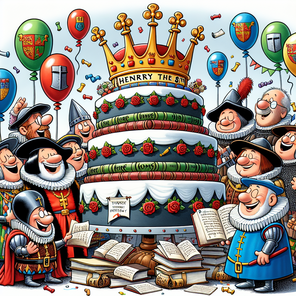 Depict a cheerful cartoon birthday party scene, which is dominated by a towering cake decorated with tiny, colorful books, each humorously inscribed with 'Henry the 8th.' Fun-loving cartoon characters dressed in Tudor-era outfits are seen socializing, including one figure with a massively exaggerated crown, representing a generic jovial king from the Tudor era. Balloons with classic knight helmets and roses designs are floating above, while the cartoon partygoers are amusingly interacting with scrolls and quills, adding a feel of historical comedy to the occasion.
Generated with these themes: Books Henry the 8th.
Made with ❤️ by AI.