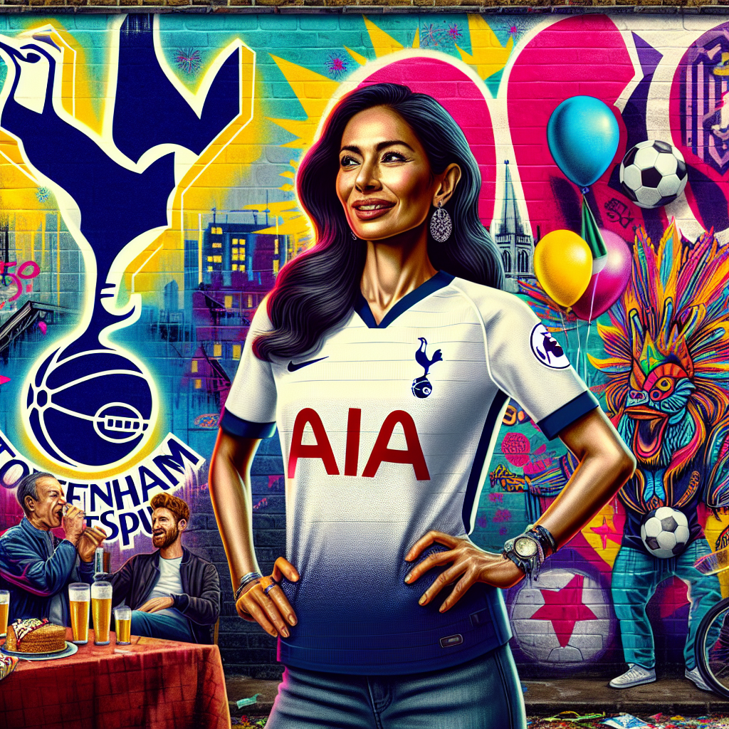Create an image showcasing the 50th birthday celebration of a female football enthusiast with the focus being on the team Tottenham Hotspur. This colorful scene is set in a festive party with the backdrop being reminiscent of street art prevalent in the early 20th century, incorporating football elements and the team's colors. The birthday celebrant, a South Asian woman, stands in the middle exuding joy, wearing a team jersey. The background includes a stencilled art mural similar to the kind you'd see in London's edgy districts, featuring the team's emblematic rooster symbol, accompanied by festive elements like a '50' insignia and balloons.
Generated with these themes: 50th birthday, Female, Tottenham Hotspur soccer club fan, and Banksy.
Made with ❤️ by AI.