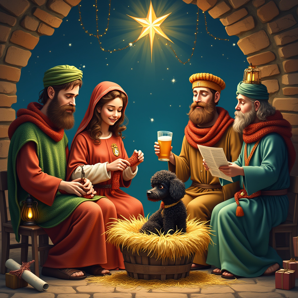 Nativity scene, Mary Knitting, Black poodle in manger, Joseph wearing Hull City football shirt and holding a pint, and 3 wise men singing Christmas Card