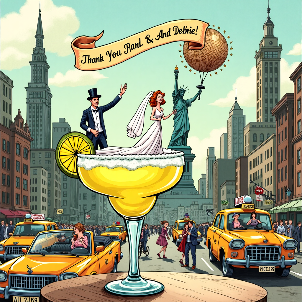 The front cover of this thank-you greeting card bursts with whimsical charm, blending the lively spirit of New York City with a touch of matrimonial merriment. In the foreground, a comically oversized margarita glass sits on a table, brimming with a salt-rimmed concoction and garnished with a lime wedge that appears almost large enough to shield the sun. Inside the glass, a tiny figure of Uncle David in a tuxedo, complete with a boutonnière, is joyfully steering a miniature convertible with a ‘Just Married’ sign dangling off the back, reminiscent of wedding tradition. His bride, Aunt Debbie, dances gracefully atop a floating lime slice, her veil billowing behind her as if caught in the breeze. 

In the background, the iconic skyline of downtown New York is stylized with an array of Beardsley-esque detailed inkwork, with the Statue of Liberty elegantly waving from Ellis Island, her torch transformed into a twinkling disco ball. This imaginative ball casts glittering lights across the scene, illuminating a parade of dancing guests—cartoonish figures of various shapes and sizes, twirling and tapping along the bustling streets. Among these revelers, an extravagant banner unfurls across the New York skyline, with “Thank You, Uncle David & Aunt Debbie!” scripted in vivid, swirling Quentin Blake-inspired letters, seemingly skywritten by an unseen aerial acrobat.

Below, the bustling street is drawn with Gorey-esque meticulousness, filled with a lively depiction of classic yellow cabs, bicyclists, and suited pedestrians, all participating in this jubilant, unexpected celebration. The illustration is a delightful jumble of city chaos and matrimonial festivities, capturing the essence of gratitude with a unique and quirky spin that perfectly suits a thank-you card.
Generated with these themes: Margarita, Wedding, Uncle David driving in downtown New York, Ellis Island, and Dancing .
Made with ❤️ by AI.