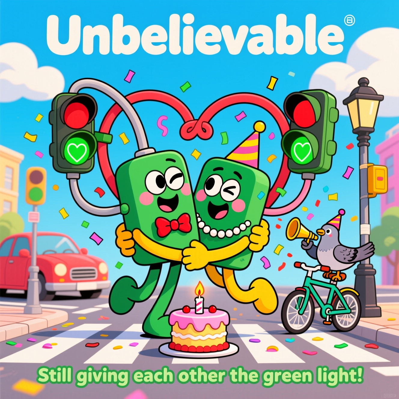 At the top of the Cartoon Style image, "Unbelievable"

A playful, funny cartoon scene at a sunny city intersection: two anthropomorphic traffic lights on opposite corners lean in with bendy, exaggerated poles, hugging mid-street while their curly cables form a big heart between them. Both of their green lights glow bright and heart-shaped; the yellow lights are winking, and the red lights look comically flustered. One traffic light wears a tiny bow tie, the other a pearl necklace, as confetti and streamers pop around them. A cute, chunky cartoon car and a smiling bicycle cheer with little party horns, while a pigeon in a tiny party hat tosses confetti from a lamppost. A miniature cake shaped like a traffic light sits on a zebra crossing stripe with a single candle. Vibrant, saturated colors (emerald greens, cherry reds, canary yellows, sky blues, candy pinks), bold thick outlines, big expressive faces, and whimsical, energetic poses. Vertical composition with a bright, simple skyline and puffy clouds in the background; clean negative space so the text stands out; no extra text besides the specified lines. Playful cartoon characters with exaggerated proportions, thick outlines, bright saturated colors, and whimsical, energetic poses.

At the bottom in small, bouncy bubble lettering: "Still giving each other the green light!"
Generated with these themes: Traffic lights , and .
Made with ❤️ by AI.