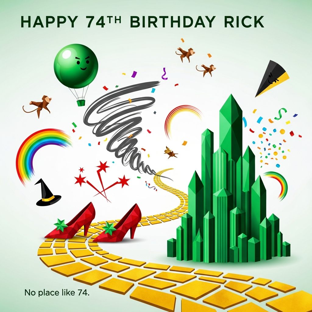 At the top of the Abstract Style image, add the text: “Happy 74th Birthday Rick!”

Create a bold Abstract Style composition inspired by the Wizard of Oz: a spiraling yellow-brick road made of golden rectangular tiles whirls toward a faceted Emerald City of sharp green geometric towers; two ruby-red angular “slipper” shapes click together with playful starburst zigzags; a whimsical twister of confetti and brush-swirls arcs across the scene; a glossy green hot-air balloon circle floats near a rainbow arc; tiny origami-like flying-monkey silhouettes and a cheeky black witch-hat wedge pop in as graphic accents. Use high-contrast colors (emerald, ruby, golden yellow, electric sky blue, charcoal, white) with dynamic brush-stroke textures, crisp vector edges, and fluid curves. Keep the mood funny and celebratory with party confetti sprays, streamers, and gleaming highlights; no realistic faces, all motifs rendered as abstract shapes. Place the main text in chunky geometric lettering with emerald glow for legibility against a slightly lighter backdrop. Portrait orientation, full-bleed, modern expressive finish. Add one small, cheeky caption at the bottom: “No place like 74.” and no other text.
Generated with these themes: Wizard of Oz, and .
Made with ❤️ by AI.
