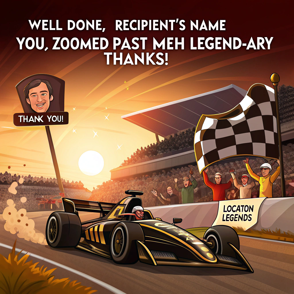 A black and gold formula one car from the APXGP team winning a F1 Grand Prix at sunset in front of a cheering crowd holding up banners saying THANK YOU and LOCATION LEGENDS Thank-you Card