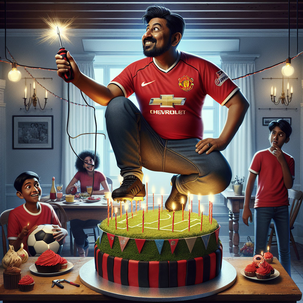 The image presents a South Asian father, expressed with a proud demeanor, adorning a red football jersey of a popular English club. He is seen precariously perched atop an enormous birthday cake, artistically sculpted to resemble a football stadium. One of his hands tightly grips a screwdriver, wielding it like a culinary specialist about to attend to the festive lights adorning the cake. In his other hand, he proudly brandishes a flickering birthday banner, its faulty connection adding a touch of humor. In the backdrop are his children - a Black teenage girl and a Middle-Eastern preteen boy, clearly amused amongst the party trimmings. On a table nearby, soccer ball-shaped cupcakes with unlit candles are arranged, just waiting for the father, who isn't just celebrating his birthday, but also subtly demonstrating his occupation as an electrician, to illuminate this joyous moment.
Generated with these themes: Liverpool football club, Electrician, and Father.
Made with ❤️ by AI.