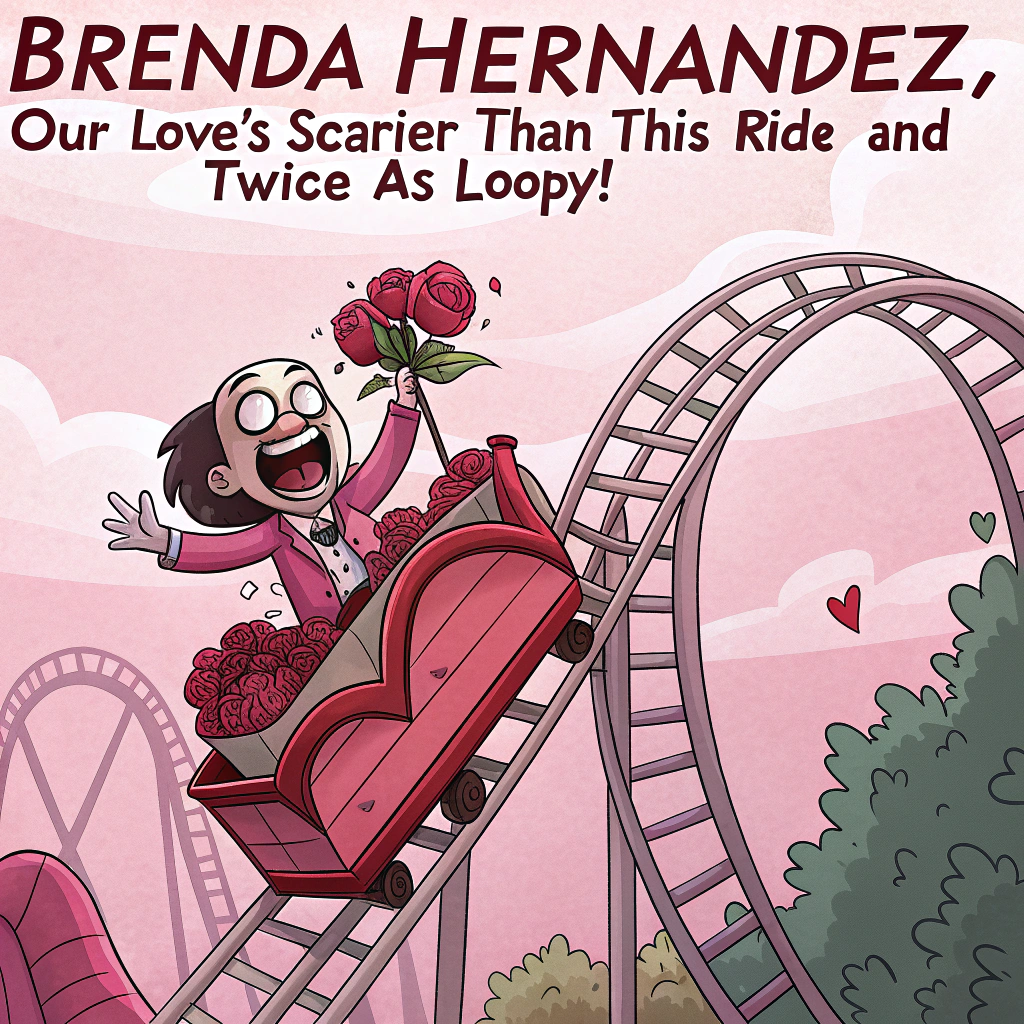 At the top of the image, "Brenda Hernandez, our love's scarier than this ride — and twice as loopy!"

- In the center of the image, depict a hilarious cartoon roller coaster mid-loop, with Majin Buu (in full pink squishiness) screaming joyfully while clutching a heart-shaped box of chocolates, and Jack Skellington (dressed in a Valentine-red pinstripe suit) holding a bouquet of spooky black roses that's falling apart from the g-forces.
- The roller coaster is heart-themed, with little flying Cupids desperately holding on to their arrows as the coaster zips past.
- Both characters have exaggerated, wind-blown faces — Buu’s cheeks puffed like a balloon and Jack’s mouth wide open in shock and awe.
- A tiny bat and a marshmallow hover above them wearing Cupid wings.
- Include playful, heart-filled clouds and pink sky in the background for added Valentine's cheer.
Generated with these themes: Majin buu, Jack Skellington, and Them on a roller coaster.
Made with ❤️ by AI.