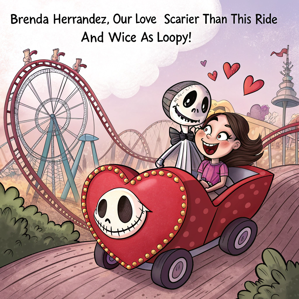 At the top of the image, "Brenda Hernandez, our love’s scarier than this ride—and twice as loopy!"

- In the center of the image, illustrate a vibrant cartoon-style scene of Majin Buu and Jack Skellington sitting side-by-side in a wildly twisting roller coaster car shaped like a giant red candy heart with skull-shaped wheels.  
- Majin Buu is screaming with exaggerated googly eyes and holding a chocolate box that’s flying open, chocolates soaring into the air.  
- Jack Skellington has his bony hands in the air, grinning eerily, wearing a tiny Cupid’s bow on his head like a tiara, while a mini heart-shaped balloon floats from his wrist that reads “Till death do us park.”  
- Surround the coaster track with cute Halloween and Valentine hybrid characters—bat-winged Cupids, heart-shaped pumpkins, and love-letter ghosts waving from below.  
- Add hearts and motion lines around the roller coaster to give the impression of dizzying speed and romance-induced chaos.
Generated with these themes: Majin buu, Jack Skellington, and Them on a roller coaster.
Made with ❤️ by AI.