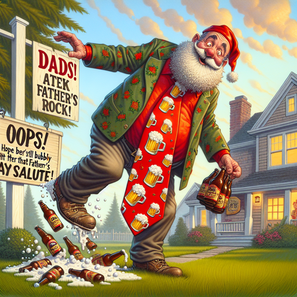 Daddy Claus, who looks like Father Christmas but is 'daddy-fied' and appears on Fathers Day, is delivering beer to a house , and Daddy Claus visibly farts and says something funny about it Fathers-day Card