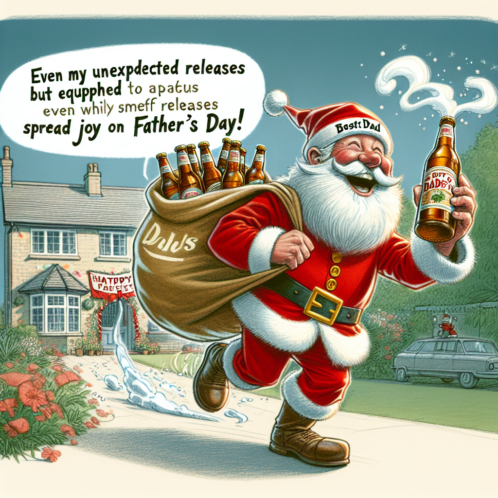 Let's imagine a jubilant character, resembling Daddy Claus but equipped with a 'Best Dad' emblem on his cap, amusingly tiptoeing to a suburban dwelling while carrying a sack brimming with chilly bottles of beer. He is wearing a traditional festive costume primarily of red and white, which is somewhat similar to Father Christmas. He is sketched in the act of sneaking past a banner that joyously exclaims 'Happy Father's Day'. In an amusing twist, a comedic puff slips out of him, causing him to chuckle softly and shake his head with the thought 'Even my unexpected releases spread joy on Father's Day!'. The immediate environment is elegantly illuminated by the soft radiance of the setting sun, instilling an overall sense of festivity and warmth.
Generated with these themes: Daddy Claus, who looks like Father Christmas but is 'daddy-fied' and appears on Fathers Day, is delivering beer to a house , and Daddy Claus visibly farts and says something funny about it .
Made with ❤️ by AI.