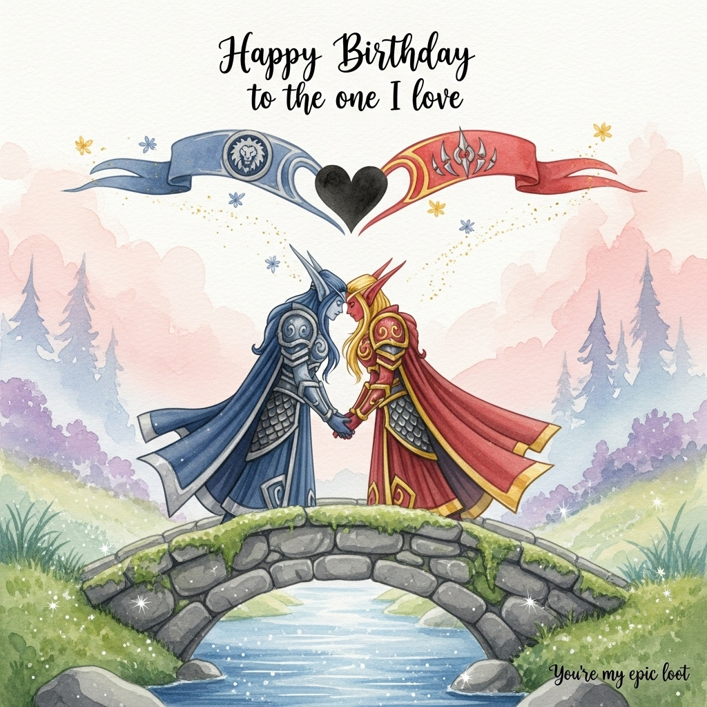 At the top of the Watercolor Style image, Happy Birthday to the one I love

A soft, romantic watercolor scene inspired by World of Warcraft: on a moonlit mossy stone bridge above a glimmering brook, two lovers—an elegant Night Elf and a radiant Blood Elf—stand close, foreheads nearly touching, hands entwined. Their light armor and flowing cloaks hint at their factions—midnight blue and silver for one, crimson and gold for the other—bleeding into each other as washes that subtly form a heart. Above them, two gently arcing banners (a noble lion motif and a spiked tribal motif) curl into a heart silhouette while tiny arcane wisps and fireflies swirl like stardust. In the distance, dreamy silhouettes of fantastical trees and soft spires dissolve into misty color fields.

Render in soft watercolor washes with delicate gradients, subtle pigment blooms, feathered wet edges, and visible natural cold-pressed paper texture for an airy, organic feel. Keep the atmosphere warmly romantic with a twilight palette of blush pinks, lilacs, sapphire blues, soft teals, and warm gold accents; add faint white gouache sparkles along the water and gentle glow around the couple.

Lettering: set the top text in flowing brush-lettered watercolor calligraphy with light gold flecks; keep a lighter wash behind it for legibility. Portrait orientation, large central image with generous negative space and no hard outlines.

Optional tiny caption: at the bottom-right in small hand-lettered gold watercolor, You’re my epic loot
Generated with these themes: World of warcraft, and .
Made with ❤️ by AI.