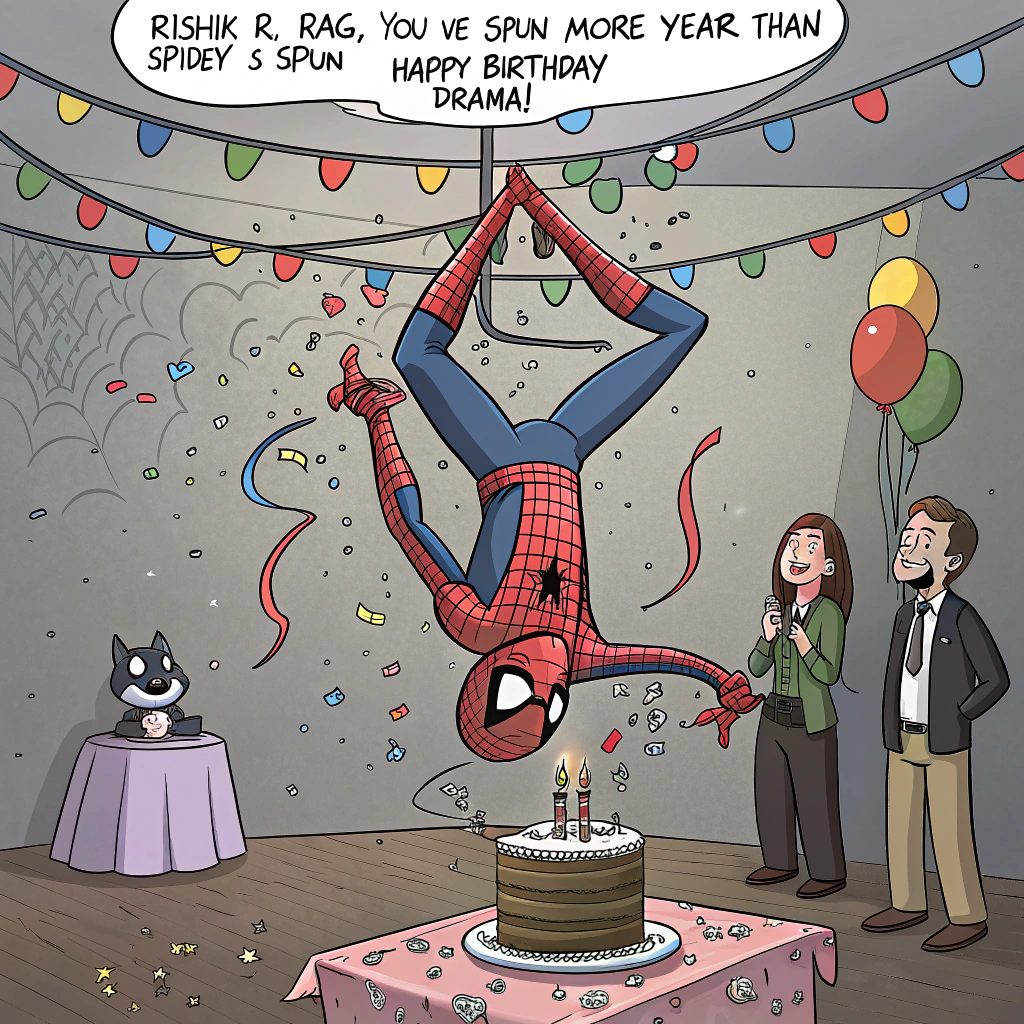 At the top of the image, "RISHIK . R. RAG, you’ve spun more years than Spidey’s spun webs (and with just as much drama)!"

– Illustrate a humorous cartoon scene featuring a party version of Spider-Man hanging upside-down from a ceiling made of colorful party streamers, trying to blow out candles on a wildly swinging birthday cake.

– Confetti is flying, a couple of startled party guests (including a balloon-animal-making villain) are ducking for cover, and in the background, a birthday banner reads “Slingin’ Into Another Year!”

– Spider-Man’s mask has a birthday hat taped to it, slightly askew, and he’s clearly tangled in his own web trying to make this party “super.”

– Include hidden easter eggs in the scene: a wrapped present stuck to the wall with webbing, a piñata shaped like Doctor Octopus, and a balloon with “With Great Age Comes Great Cake” written on it.
Generated with these themes: Spider man.
Made with ❤️ by AI.