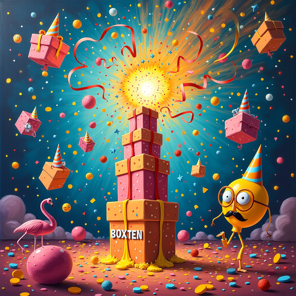 At the top of the abstract image: Happy Boxten-Day, James — you’ve officially unwrapped your final nerve!

Image Prompt:  
An abstract, surrealist-style composition where colorful, exploding gift boxes hover mid-air like constellations, each radiating confetti, squiggly ribbons, and strange floating eyeballs with party hats. The background swirls in vibrant pastels and absurd shapes — warped triangles, bent spoons, and inflatable flamingos all tangled into a chaotic cosmic dance. A stack of melting birthday cakes morphs into cubes marked “BOXTEN,” with one cake inexplicably sprouting legs and walking off into the distance. A mustached balloon wearing a monocle judges everything silently from the corner. The whole image balances playful anarchy with painterly polish — a boisterous abstract nod to birthdays and the totally made-up chaos of Boxten.
Generated with these themes: Boxten.
Made with ❤️ by AI.