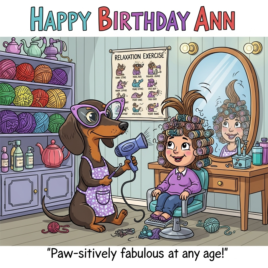 At the top of the Cartoon Style image, write in big, curly, colourful letters: **Happy Birthday Ann**.  

Create a funny, bright, cartoon-style scene showing a miniature dachshund sitting in the middle of a hair and beauty salon — but the pooch is the stylist! The dachshund wears oversized cat-eye glasses and a sparkly apron, balancing a crochet hook in its paw while simultaneously blow-drying a client's hair. The client (a cheerful cartoon lady) has curlers made from tiny crocheted yarn balls, and a ridiculous occupational therapy-style “relaxation exercise” chart pinned to the wall — but it’s all silly stretches for pampering, like "yarn lifting" and "wiggle your paws." The salon is bursting with vibrant colour: shelves of rainbow yarn, hair products shaped like teapots, and a mirror showing the lady’s hair turning into a giant crocheted hat.  

At the bottom of the image, add a smaller caption in playful handwritten lettering: **"Paw-sitively fabulous at any age!"**  

Exaggerated proportions, thick black outlines, and energetic poses make the scene feel lively and over-the-top.
Generated with these themes: Crochet, Minature dachshund, Occupational therapy, Hair and beauty, and .
Made with ❤️ by AI.