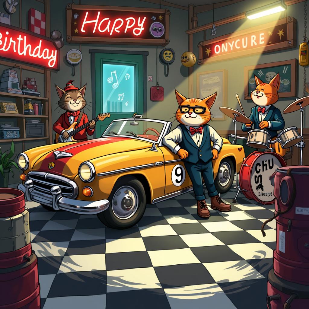 MRX cars, Cats, and Drummer Birthday Card