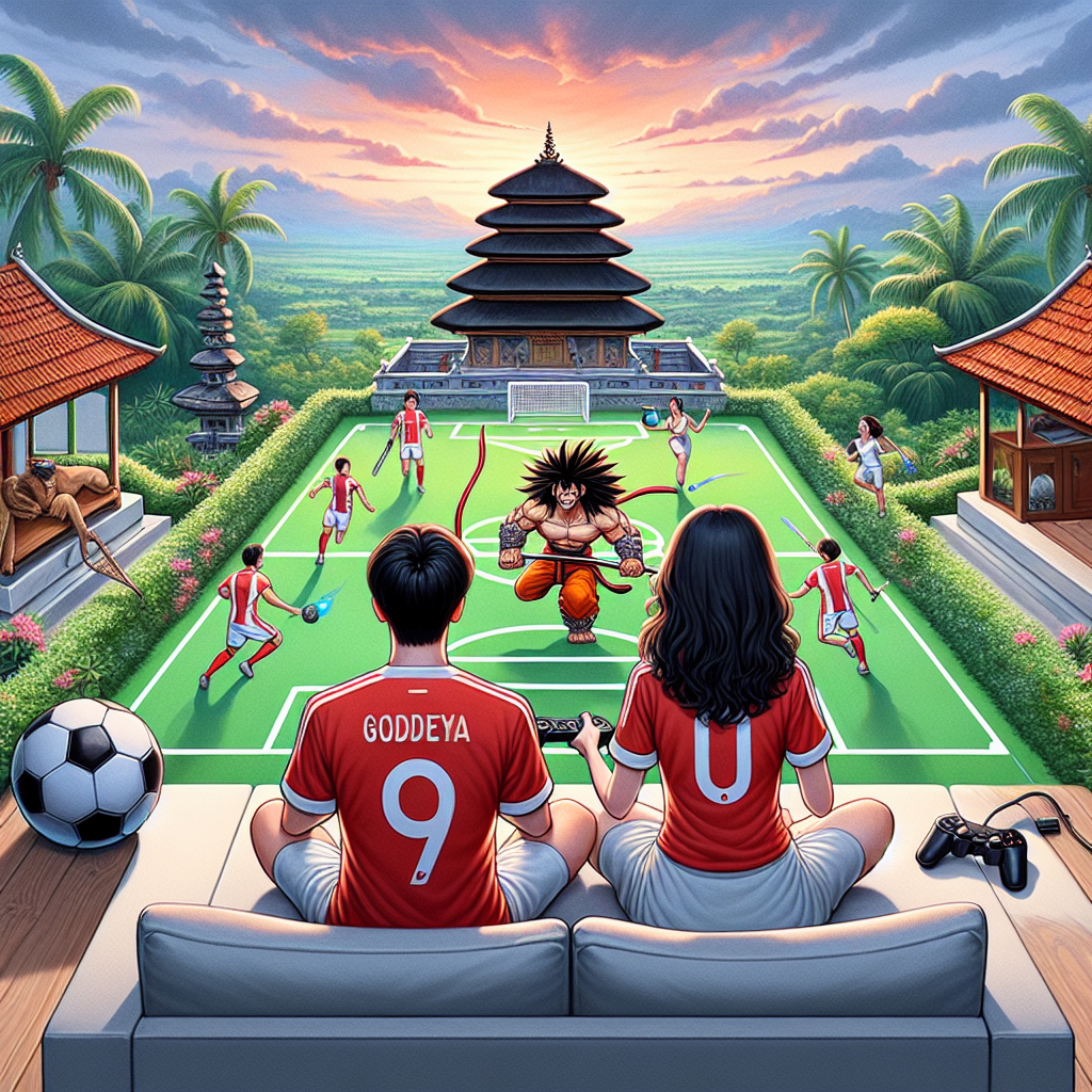 A picturesque illustration represents a couple marking their anniversary in a fun and unique way. Centered on a couch, they're dressed in red and white soccer jerseys, completely absorbed in a marathon of an anime about powerful martial artists and aliens. A fanciful element is incorporated with miniature versions of their likenesses enjoying a game of football, with a lion serving as their goaltender. In the backdrop, a tranquil landscape that mirrors the Balinese countryside seamlessly integrates into the scene, while a cutting-edge game console is comfortably situated nearby, its controller substituted with a weightlifting barbell, embodying their shared interests in fitness and video games.
Generated with these themes: Football, Liverpool FC, Dragon ball z, Weightlifting, Bali, Lion, and Ps5.
Made with ❤️ by AI.