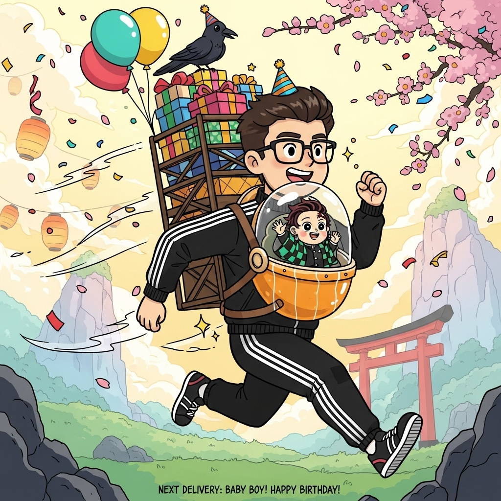 By boyfriend and I are expecting are first baby a little boy, he loves watching demon slayer and playing death stranding - will be drawn anime-style, wearing glasses and a black Adidas tracksuit with white stripes.  The theme will blend Death Stranding (he’s carrying a baby pod) and Demon Slayer (the baby’s wearing a tiny Demon Slayer haori)., and Birthday Card