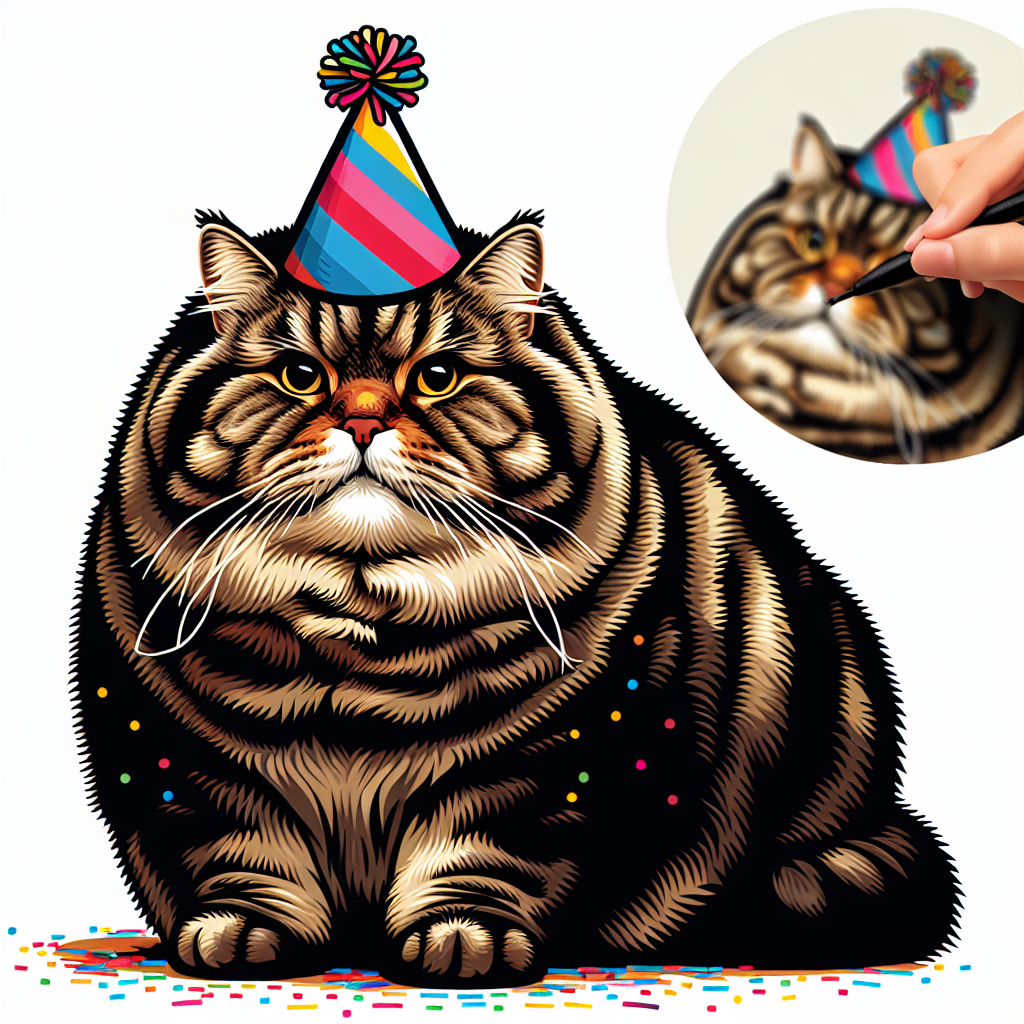 In this delightful birthday-themed vector illustration, a rotund Adult Domestic Shorthair Cat is adorned in a cheerful party hat. Its thick brown and black tabby fur is impeccably styled, yet the cat's eyes are cleverly obscured, ensuring the viewer's focus on the overall joyous ambiance.
.
Made with ❤️ by AI.