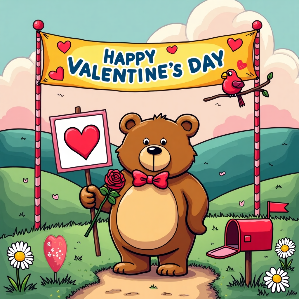 The scene is a vibrant, cartoon-style Valentine's Day setting inspired by the playful exaggeration and lively colors of iconic comic artists. 

**Foreground:**
A charming, plump bear stands at the center, its round belly exaggerated and adorned with a bright red bowtie. The bear’s fur is a warm caramel brown, outlined with thick black lines reminiscent of Charles Schulz’s Peanuts. It holds a single, oversized rose with a bright red bloom in one paw, and a sign in the other. The sign reads, “Happy Valentine’s Day 은비” in playful, bubbly letters. The sign is white with a pink border and decorated with small, cartoonish hearts in shades of pink and red.

**Background:**
A whimsical, rolling hill landscape stretches behind the bear, reminiscent of the simple yet expressive settings in Hergé’s Tintin. The hills are a soft, pastel green, with large, swirling clouds above in a sky that transitions from soft pink at the horizon to a deep blue at the top, suggesting twilight.

**Additional Elements:**
- A vibrant banner flutters above the bear, anchored to two candy cane poles. The banner is a lively yellow with red polka dots and displays the word “은비” in bold, playful blue letters.
- To the right of the bear, a small, cartoonish red bird sits on a tree branch, with large, curious eyes exaggerated in the style of Bill Watterson’s Calvin and Hobbes.
- Scattered throughout the scene are comically oversized daisies with white petals and sunny yellow centers, adding to the cheerful, exaggerated feel.
- A tiny red mailbox on the left side of the bear stands with its flag up, adorned with hearts and styled with the quirky humor found in Gary Larson’s The Far Side.

**Color Palette:**
The scene is bursting with a vibrant palette: warm caramels, bright reds, pastel greens, lively yellows, and deep blues. The bold, clean outlines capture the viewer’s attention, much like the bold artistic choices of Winsor McCay’s Little Nemo in Slumberland.

This card front cover is a delightful mix of exaggerated charm and vibrant color, perfectly capturing the spirit of Valentine’s Day with a touch of whimsical humor.
Generated with these themes: A bear holding a rose and a sign that says: happy Valentine’s day 은비.
Made with ❤️ by AI.