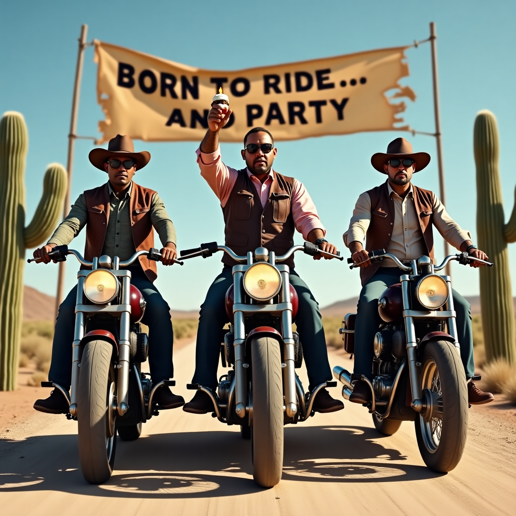 **Prompt:**

At the top of the realistic photograph image, "Vince, Saddle Up for Another Year of Kickin’ Birthday Butt!"  

A hyper-realistic photograph of a hilarious birthday scene featuring a gang of badass cowboys — a diverse crew, half Black men and half Caucasian — all rocking classic Wild West gear with a modern biker twist. They're decked out in leather vests, full-sleeve tattoos peeking out, wearing aviator sunglasses, and puffing on fat cigars or elegant pipes. Each is astride a gleaming, chromed-out motorcycle parked dramatically in the middle of a dusty desert highway under a clear blue sky. Behind them, a tattered birthday banner flaps between two cactus plants that say "Born to Ride... and Party." The cowboys strike exaggerated tough-guy poses, but with a mischievous smirk, and one is cheekily holding a cupcake with a lit candle like it’s contraband. The overall mood is rebellious birthday joy meets biker-bar rodeo flair.
Generated with these themes: A gang of tattooed (half black men, half Caucasian) cowboys wearing shades, smoking cigars or pipes, on motorcycles .
Made with ❤️ by AI.