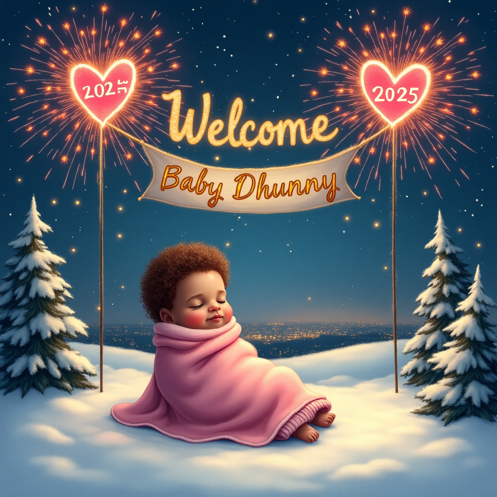 2025, Firework, New years eve, Love, Heart, Outside, Baby brown hair in blanket, Realistic, , and New-baby Card