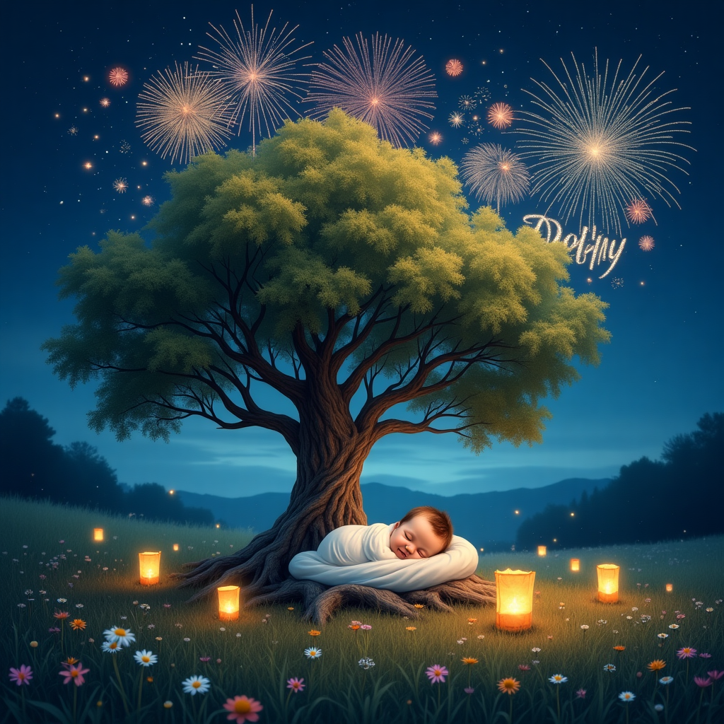 The surreal photograph for the new baby greetings card is a vibrant tapestry of celebration set in a starlit meadow. The sky is a velvety midnight blue, dotted with twinkling stars and illuminated by a dazzling display of fireworks. Each explosion of color in the sky forms unique shapes, like hearts and spirals, symbolizing love and joy. At the center of the scene, a majestic oak tree stands tall and wise, its branches forming a natural canopy. Nestled securely in the cradle of the tree's roots is Baby Dhunny, wrapped snugly in a soft, white blanket. The baby has a tuft of soft brown hair peeking out, and their serene face glows gently in the warm light of the moon, which has an ethereal shimmer. Around the tree, the grass is lush and dotted with wildflowers, which sway gently as if in rhythm with the distant echoes of New Year's Eve celebrations. A trail of delicate paper lanterns float upwards into the night, each with a golden glow, carrying wishes of love and happiness into the new year. In the sky above, the name "Baby Dhunny" is spelled out with glistening fireworks, each letter a different color, perfectly timed to bloom with the fireworks' finale, creating a moment of awe. The scene captures the essence of a new beginning, merging nature, celebration, and love into a picturesque welcome for the little one.
Generated with these themes: 2025, Firework, New years eve, Love, Heart, Outside, Baby brown hair in blanket, Realistic, , and .
Made with ❤️ by AI.