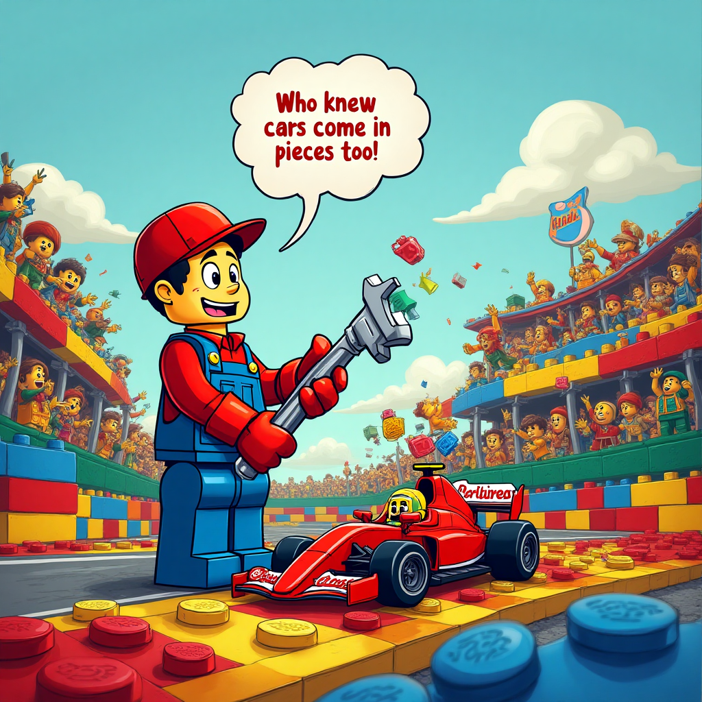 At the top of the Cartoon Style image, include the text: "Happy Birthday!"

**Image Prompt:**

A whimsical cartoon scene bursting with color and humor. Picture an F1 racing track made entirely of Lego bricks, with vibrant hues of red, blue, and yellow dominating the landscape. In the foreground, a cheeky cartoon mechanic, with oversized gloves and a comically large wrench, is furiously trying to fix a hilariously tiny Lego car. The car, resembling a miniature F1 racer, has colorful Lego pieces comically flying off it, as it sits precariously on a stack of oversized Lego blocks. In the background, animated Lego spectators with exaggerated expressions cheer wildly from their blocky grandstands. A humorous speech bubble from the mechanic reads, "Who knew cars come in pieces too?"
Generated with these themes: F1 , Cars , Mechanic , Lego , and .
Made with ❤️ by AI.