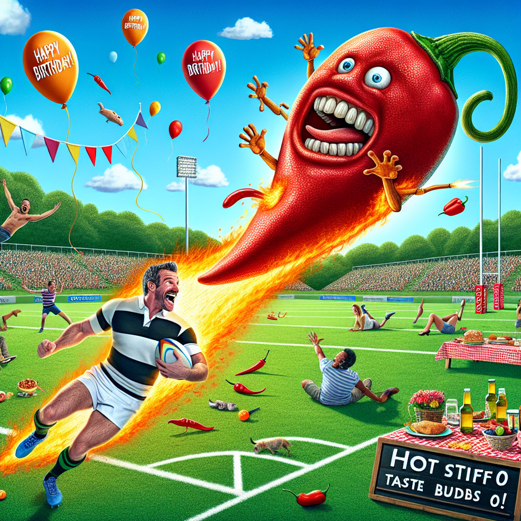 Depict an entertaining scene on a sporting field, which has the appearance of a picnic blanket. In it, a Caucasian man wearing a rugby jersey is energetically pursuing a ball that strongly resembles a red hot chili pepper. This unusual ball leaves a blazing trail behind it, causing surprise and causing diverse picnic attendees to leap out of its way. Floating in the sky above this unique scenario are birthday balloons, and a scoreboard is present displaying a humorous score line of 'Hot Stuff 0 - Taste buds 0'. Additionally, the side of the field is adorned with a 'Happy Birthday!' banner.
Generated with these themes: Chilli sauce, and Rugby.
Made with ❤️ by AI.