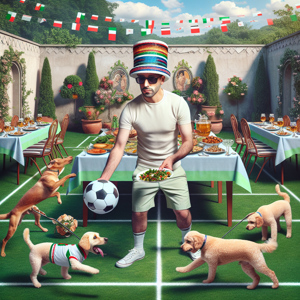 Picture a surreal yet realistic garden birthday party. The center of attention is a Hispanic male guest wearing a cap that magically changes colors according to the mood of the party. Dogs of different breeds, decked out in festive ribbons, play a friendly football match, exuding a joyful atmosphere. For those sensitive to allergens, a designated space is filled with hypoallergenic plants and the decor is devoid of any fragrance. The tables are set with delicious Lebanese cuisine, skillfully disguised as common party foods, a visual illusion that adds a delightful surprise to the tasting experience.
Generated with these themes: Cap, Dogs, Allergies , Football, and Lebanese .
Made with ❤️ by AI.