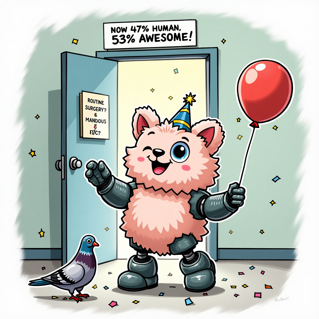 **Image Prompt:**

At the top of the cartoon image: *"Fluffy: Now 47% Human, 53% Awesome!"*

A cartoon hospital exit door bursts open with confetti flying as Fluffy walks out triumphantly, now sporting clearly visible (and delightfully over-the-top) cyborg upgrades: a robotic arm holding a celebratory balloon, one laser-eye with a party hat clipped to the side, and hydraulic legs that look like something out of a cheesy 80s sci-fi flick. Behind Fluffy, bewildered nurses peek from the door, one fainting with a clipboard labeled “Routine Surgery??”. A pigeon with sunglasses salutes Fluffy as they strut into the world like a titanium-enhanced superhero, ready to beep-boop their way through recovery.
Generated with these themes: Leaving hospital after having surgery making them a cyborg.
Made with ❤️ by AI.