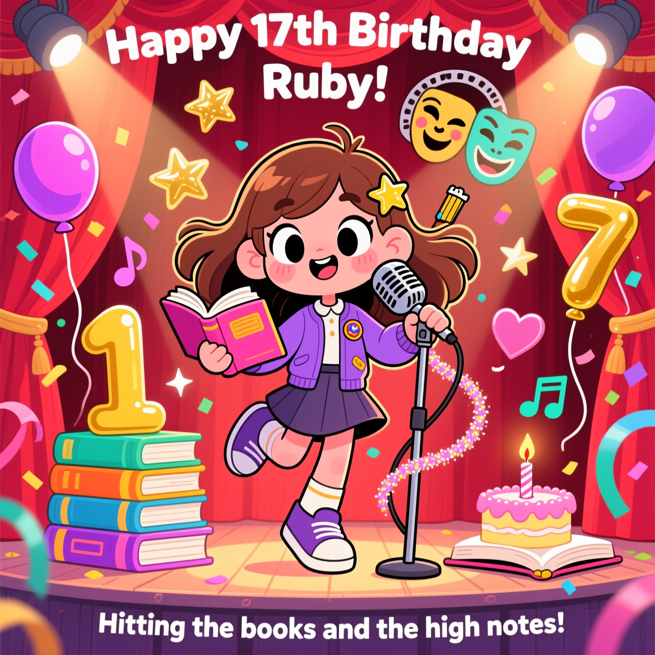 Female, Long brown hair, 17 years old , Book reader, Academic, Singer, Actress, and Birthday Card