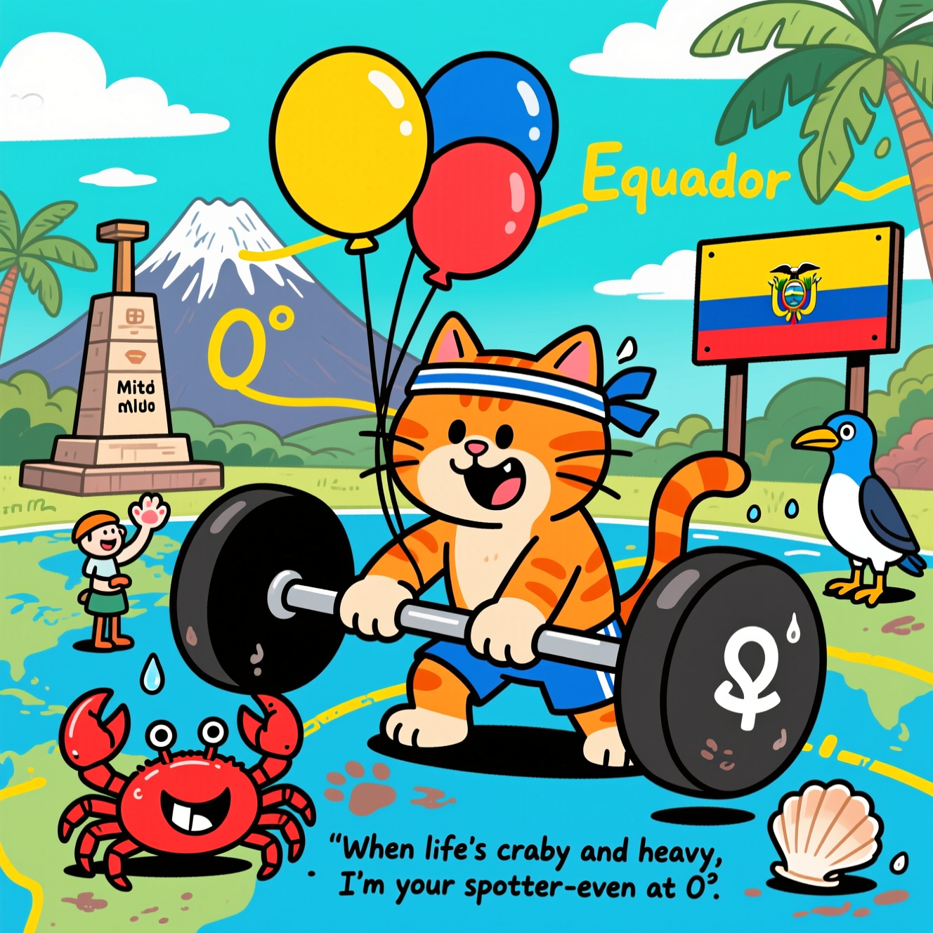Playful cartoon style with exaggerated proportions, thick black outlines, bright saturated colors, whimsical energetic poses. Scene: On the Equator in Ecuador (bold yellow equator line labeled 0° with a small Mitad del Mundo monument in the background, a distant snow-capped Andean volcano, tropical leaves, turquoise sky with puffy clouds), a mischievous orange tabby cat in a sweatband is “naughtily” cheating a workout—straining to curl an oversized dumbbell while secretly tying three helium balloons in Ecuador’s flag colors (yellow, blue, red) to the bar. The dumbbell’s plates are two grinning red crabs (Cancer), one shell marked with the white ♋ symbol; a tiny crab spotter gives an encouraging claw-up. Sweat droplets, paw-shaped chalk smudges, and a curious blue-footed booby watching from a sign for “Ecuador” add playful details. Big, bouncy expressions, snappy motion lines, high-contrast cheerful palette, soft textured shading. Include a small, single-line hand-lettered caption at the bottom: “When life’s crabby and heavy, I’m your spotter—even at 0°.”
Generated with these themes: Cat, Naughty, Dumbbell, Ecuador, Cancer, and .
Made with ❤️ by AI.
