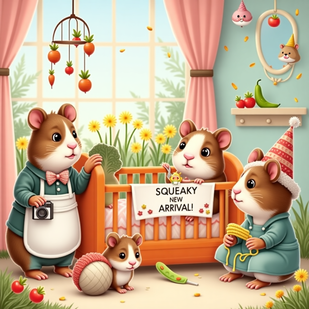 The scene unfolds in a whimsical nursery that looks straight out of a fairy tale book, where a family of guinea pigs is gathered to celebrate the arrival of a new baby guinea pig. Imagine the room filled with soft pastel colors—pink, mint green, and baby blue. In the center, there's an oversized crib made from carrot-shaped wooden bars. Peeking over the edge of the crib is the tiniest baby guinea pig, wrapped snugly in a diaper with a pacifier that looks like a small sunflower.

On the left, a mama guinea pig, wearing an apron with a small, embroidered daisy, holds a camera, capturing the special moment. Next to her, a papa guinea pig, sporting a bow tie and tiny reading glasses, holds a congratulatory banner with the words "Squeaky New Arrival!" The banner is decorated with cheerful confetti that seems to rain down from the ceiling.

Above the crib, suspended by a string, is a mobile made of miniature veggies—tiny turnips, lettuce leaves, and radishes spinning slowly. A grandmother guinea pig, with a pair of knitting needles and a ball of yarn at her feet, knits a small, colorful blanket. Nearby, a playful sibling guinea pig, wearing a polka-dot party hat, is trying to balance on a rolling toy ball shaped like a giant pea.

In the background, a window reveals a sunny garden filled with lush, oversized dandelions and a little picket fence, giving a hint of the guinea pig family's idyllic world. A plush guinea pig toy sits in the corner with a small name tag that reads, "Baby's First Plush." Every detail is thoughtfully illustrated, each character radiating a sense of joy and celebration, encapsulating the essence of a new arrival with humor and heart.
Generated with these themes: Guinea pigs .
Made with ❤️ by AI.