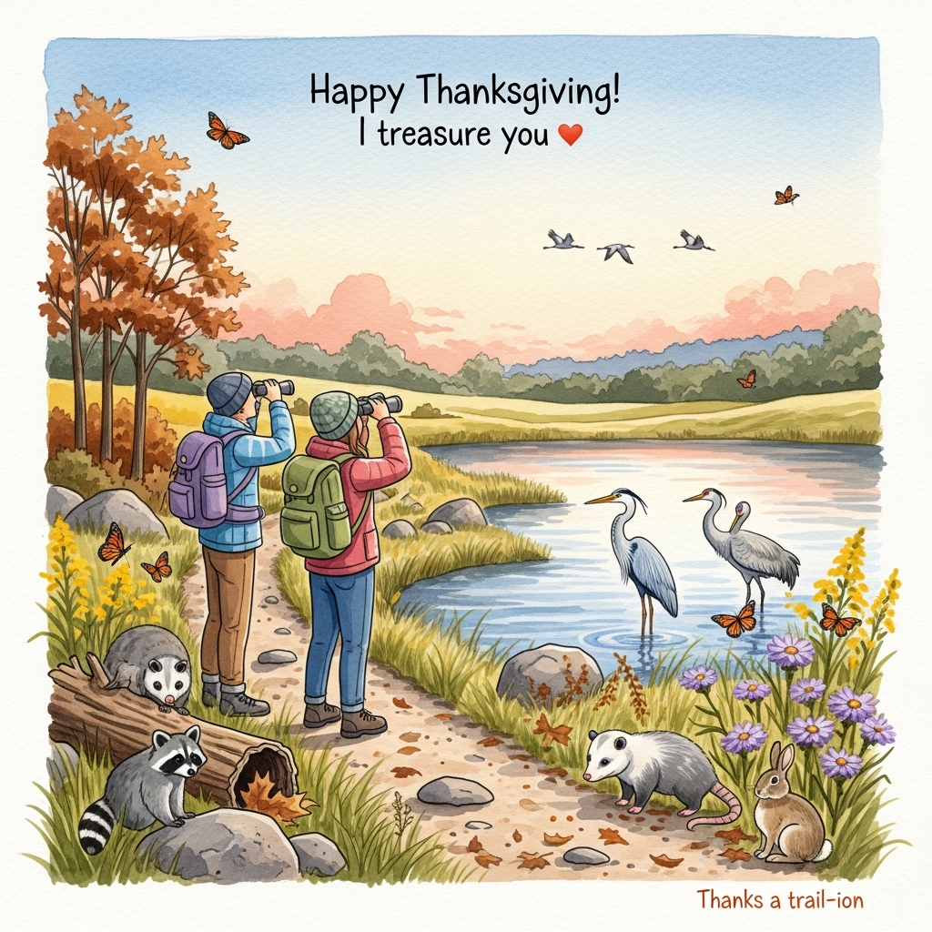 Hiking on the ice age national scenic trail, birdwatching, monarch butterflies, blue herons, sandhill cranes, raccoons, opossums, eastern cottontail rabbits, and Thank-you Card