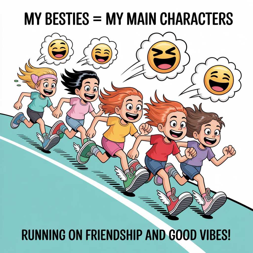 At the top of the image, "My Besties = My Main Characters":

In the middle of the image, depict a lively cartoon scene where a group of quirky besties are hilariously sprinting down a turquoise path. Each character has exaggerated expressions of joy and determination, with wind-blown hair and arms pumping energetically.

At the bottom of the image, "Running on friendship and good vibes!"

- Include playful elements like pastel-colored sneakers with wings, sparkly headbands, and whimsical clouds that act like speech bubbles filled with laughter and cute emojis.
Generated with these themes: Me (as a bestie), ment, torqoise, Running, , and .
Made with ❤️ by AI.